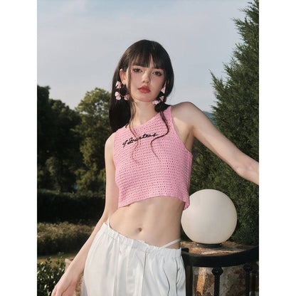 Three Quarters Logo Crochet Zip-Up Vest Top Pink