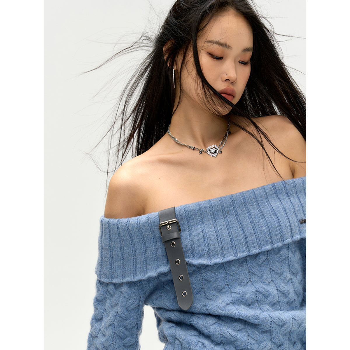 NotAwear Detachable Belt Off-Shoulder Knit Top Blue