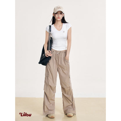 Liilou Drawstring Multi-Pockets Wide-Leg Cargo Pants