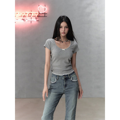 Via Pitti Bow Lace Patchwork T-Shirt Gray