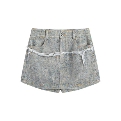 Marc Moore Retro Denim Printed Raw Edge Skirt Grey