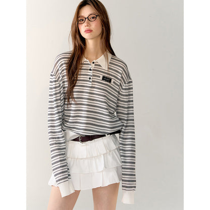 AsGony Contrast Color Striped L/S Polo T-Shirt