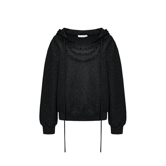 AsGony 3D Lace Edge Patchwork Casual Sweater Black