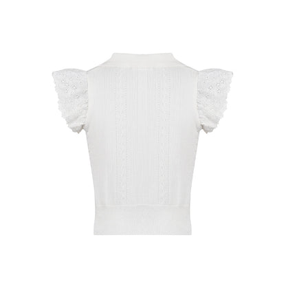 Kroche Lace Patchwork Embroidery Knit Top White