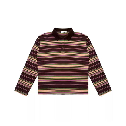 AsGony Striped Lapel Casual L/S T-Shirt Purple