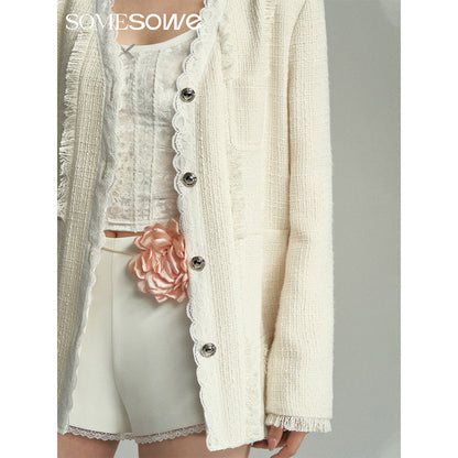 SomeSowe Lace Edge V-Neck Tassel Blazer White