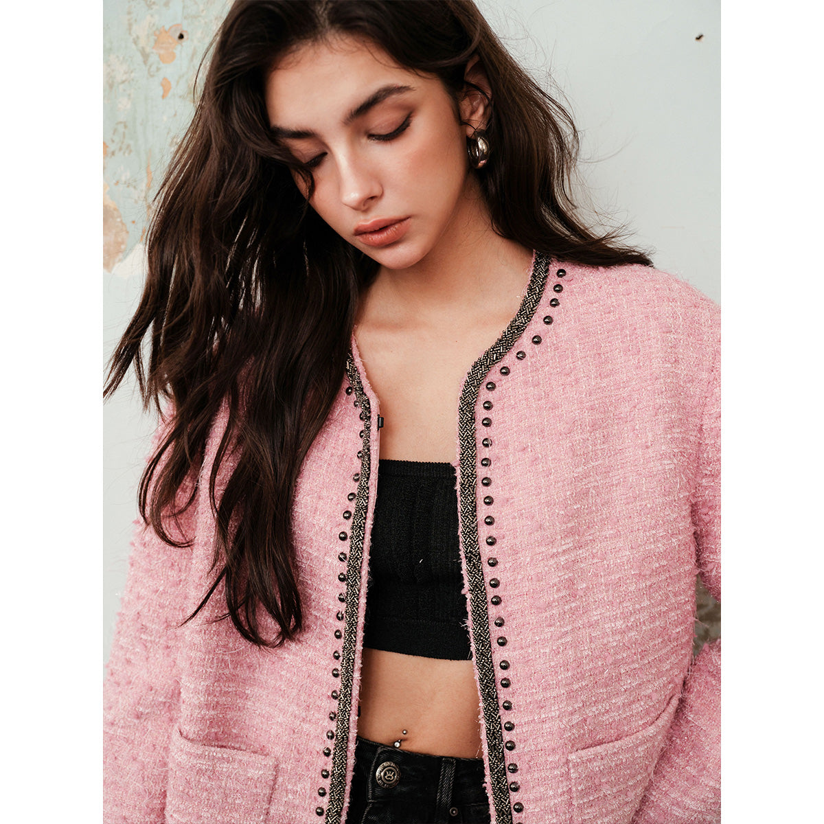 Rocha Roma Color Blocked Tweed Jacket Pink