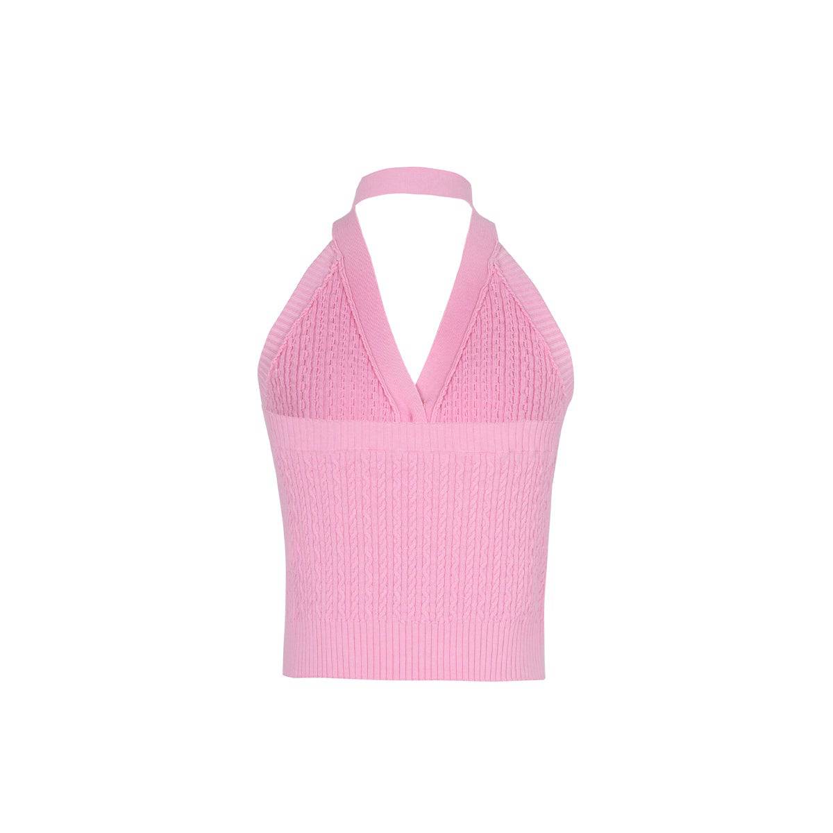 Three Quarters Heart Button Knit Halter Vest Pink