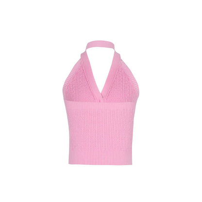 Three Quarters Heart Button Knit Halter Vest Pink