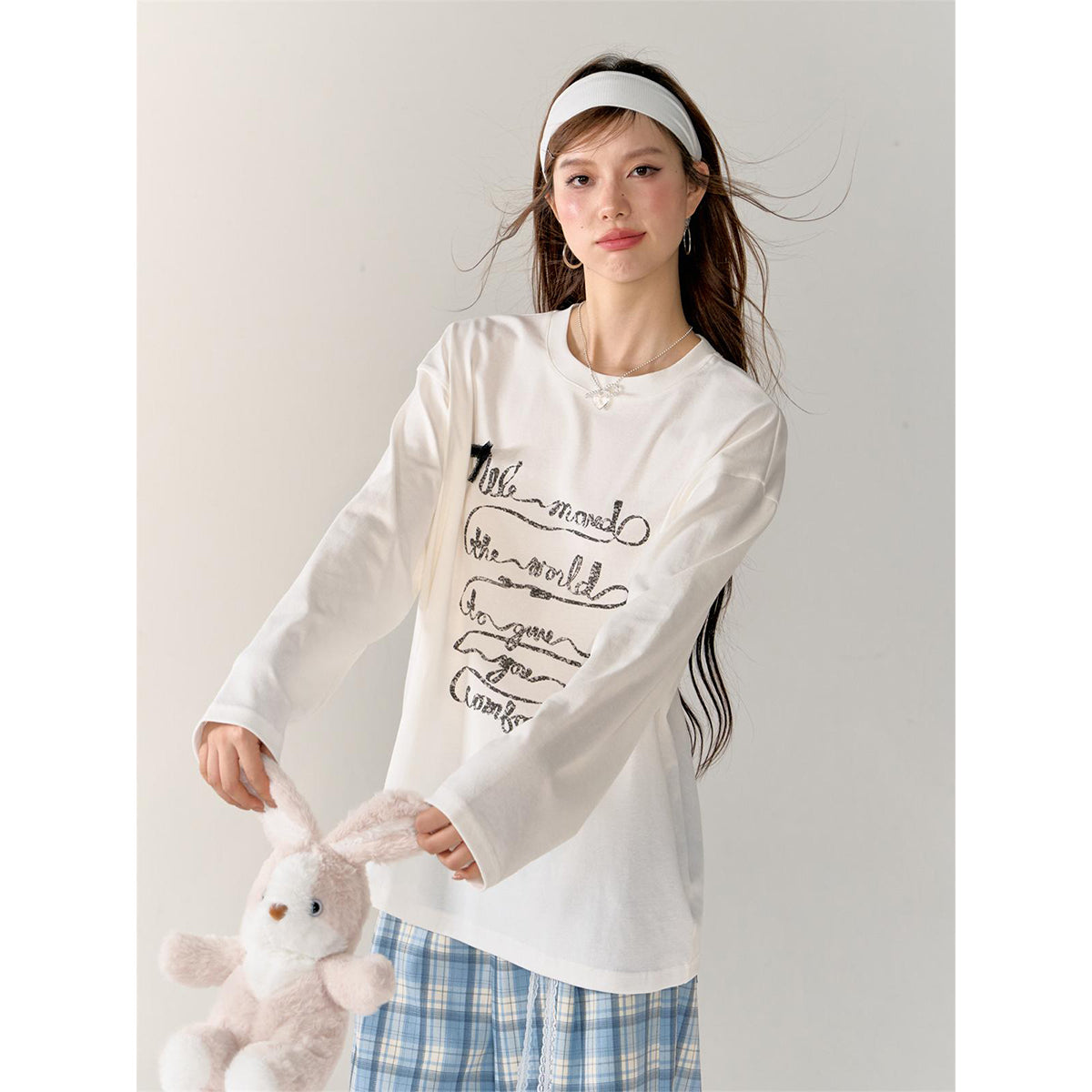 AsGony 3D Bow Knot Printed Casual L/S T-Shirt White