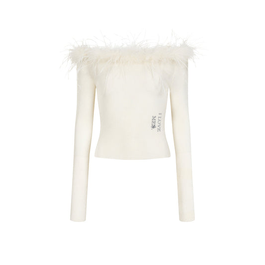 Via Pitti Detachable Ostrich Feather Knit Top White