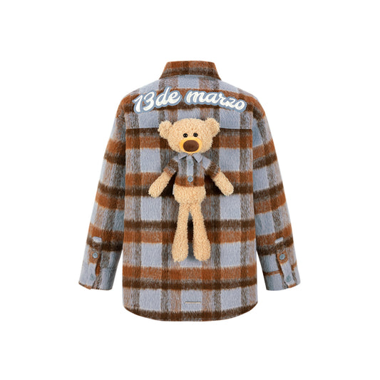 13De Marzo Plush Bear Plaid Furry Shirt Blue