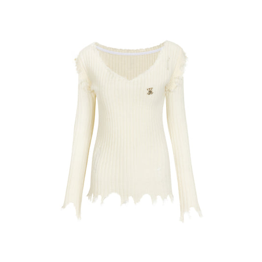 Via Pitti Destroy Edge Cutting V-Neck Sweater Cream