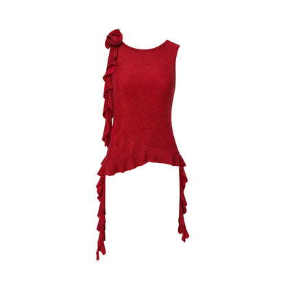 AsGony Flower Ribbon Irregular Ruffled Vest Red