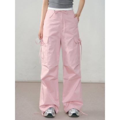 AsGony Thin Loose Straight Wide-Leg Cargo Pants Pink