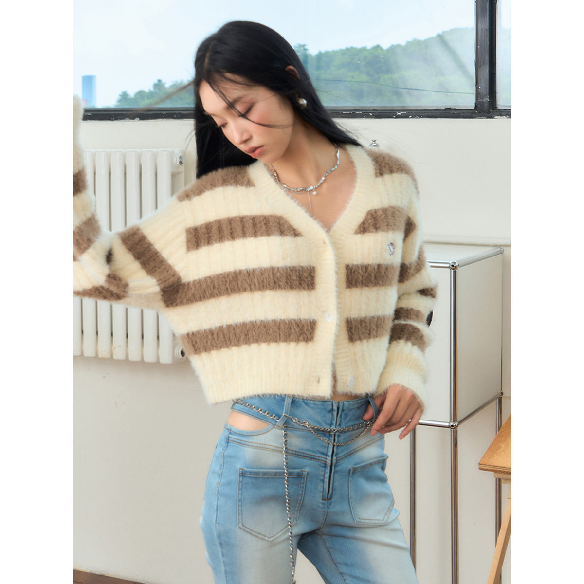 NotAwear Color Blocked Striped Knit Cardigan Brown