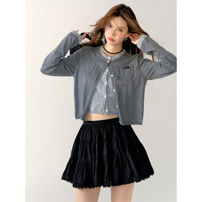 AsGony Contrast Color Fake-2-Piece Short Cardigan Gray