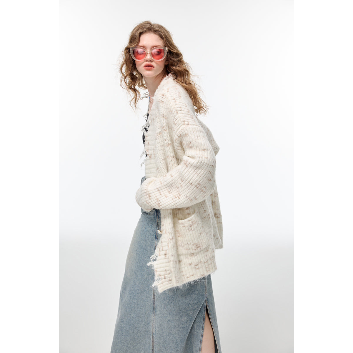 Alexia Sandra Destroyed Edge Speckled Knit Cardigan