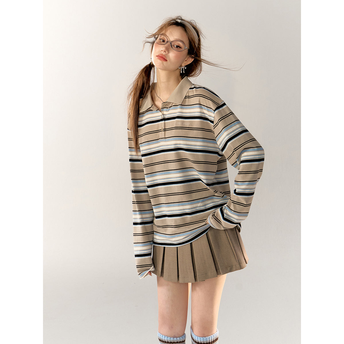 AsGony Striped Lapel Casual L/S T-Shirt Blue