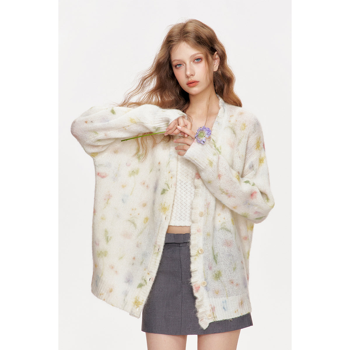 Kroche Mohair Floral Knitted V-Neck Woolen Cardigan