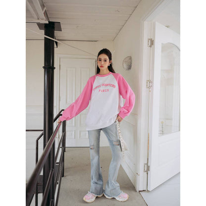 Three Quarters Rhinestone Printed Crew Neck Sweater Pink