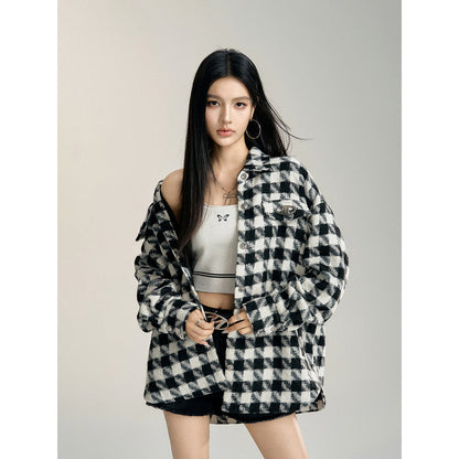 MacyMccoy Plaid Loose Versatile Shirt Jacket Black