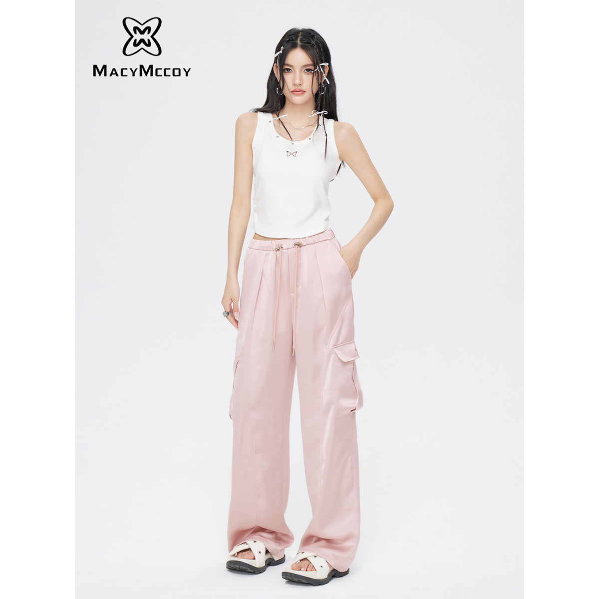 MacyMccoy Satin Draped Wide-Leg Cargo Pants Pink