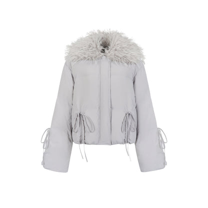 Via Pitti Bow Drawstring Fur Collar Down Jacket Light Gray