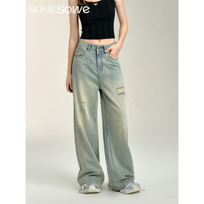 SomeSowe Vintage Hot-Drilled Washed Denim Pants