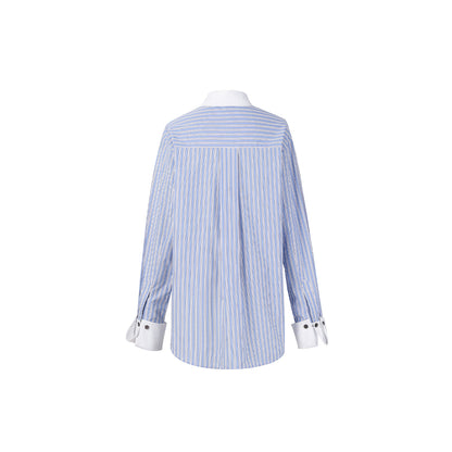 Three Quarters Color Blocked Rhinestone Logo Striped Shirt