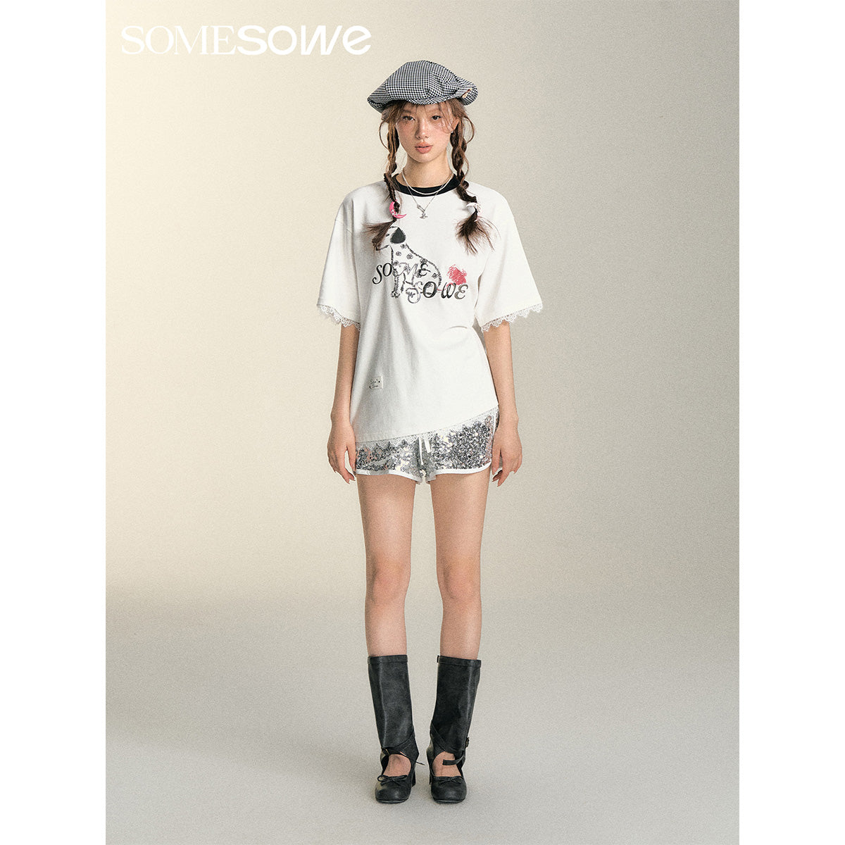 SomeSowe Spotted Puppy Heart Lace Edge T-Shirt