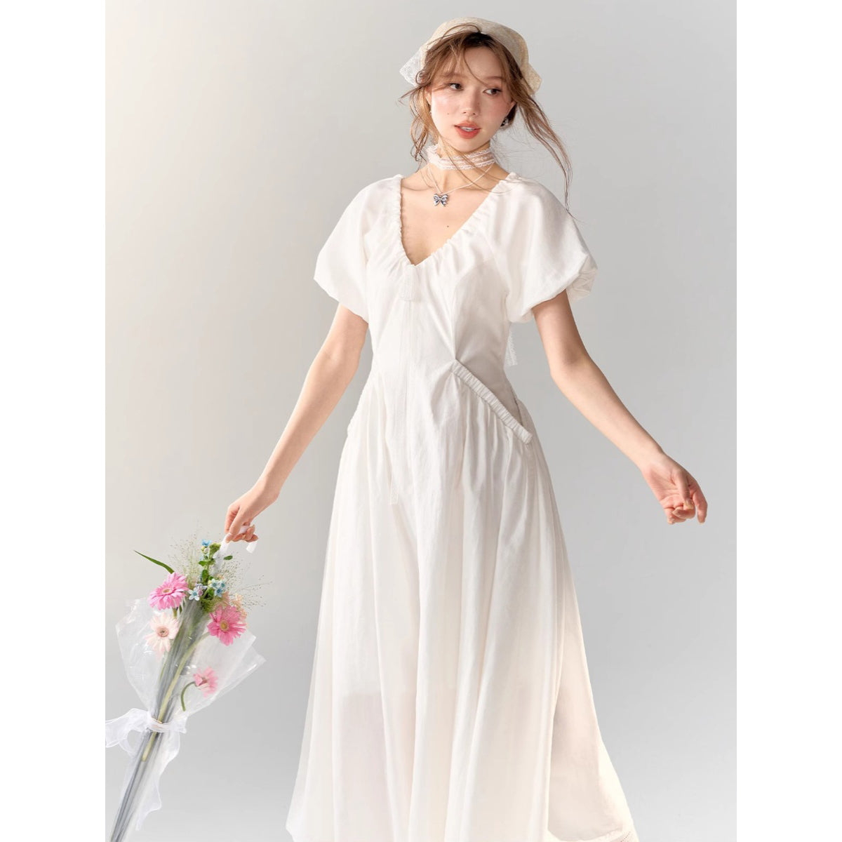 AsGony V-Neck Waisted Puff Sleeve Long Dress