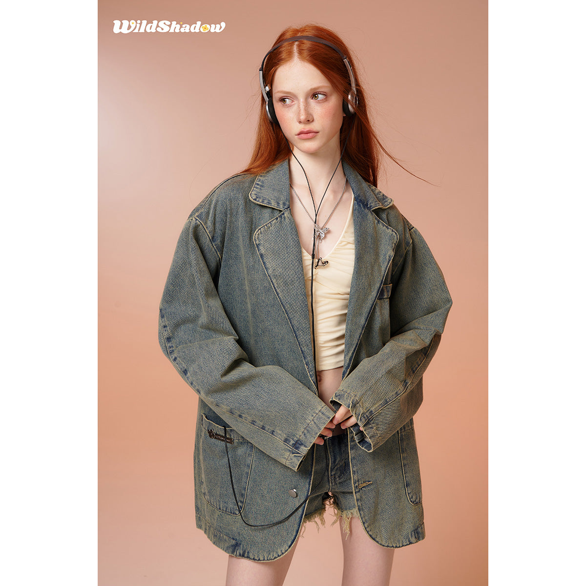 Wildshodow Metal Bow-Knot Washed Denim Jacket