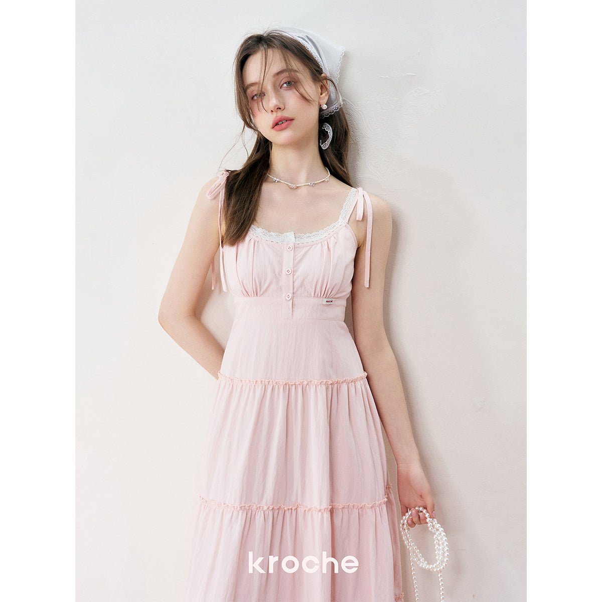 Kroche Lace Up Waisting Halter Dress Pink