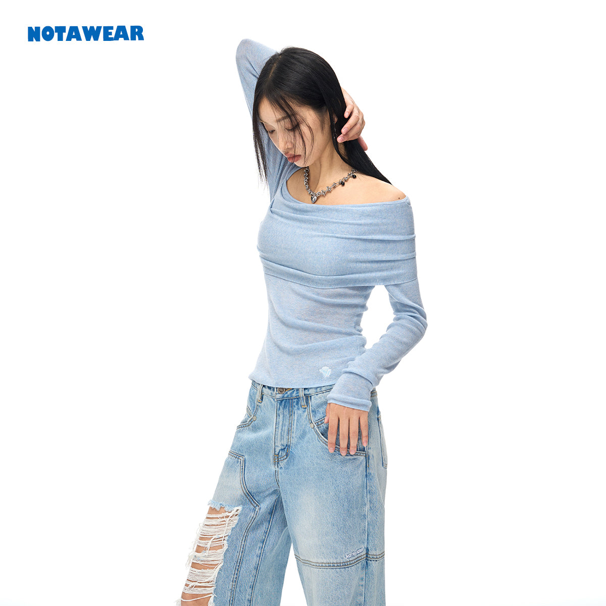 NotAwear Wrinkled Woolen Knit Off-Shoulder Top Blue