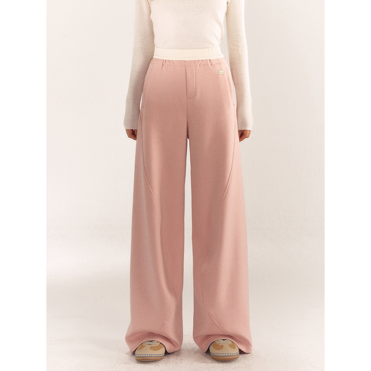 AsGony Contrast Color Elastic-Waist Casual Pants Pink