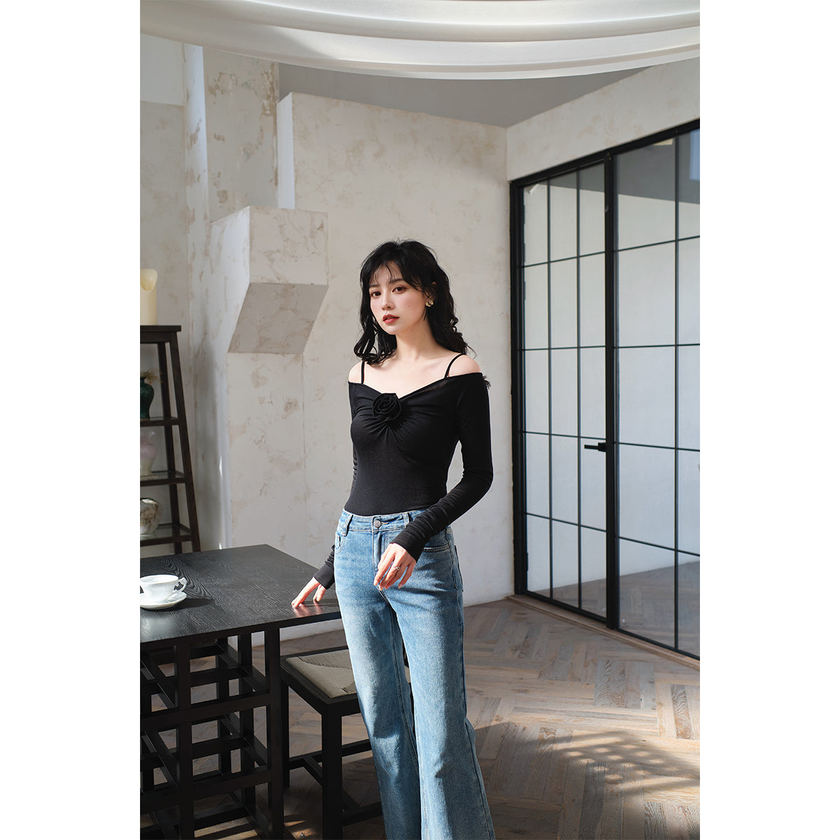 Three Quarters Plush Rose Slim Knit Sling Top Black