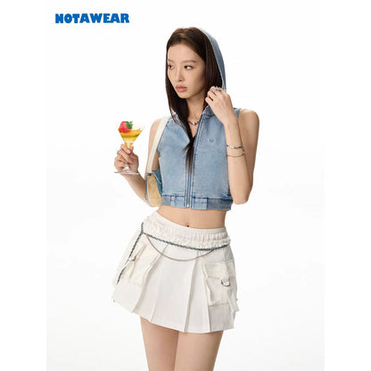 NotAwear Washed Denim Knit Hooded Vest Top