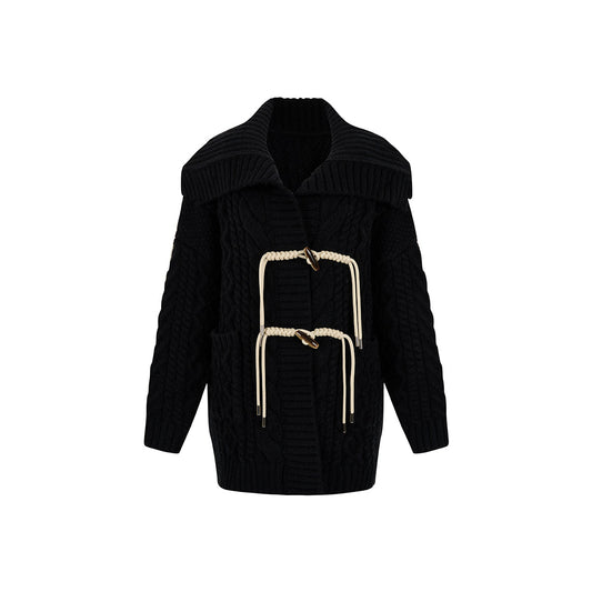 Via Pitti Horn Button Twisted Knit Cardigan Black