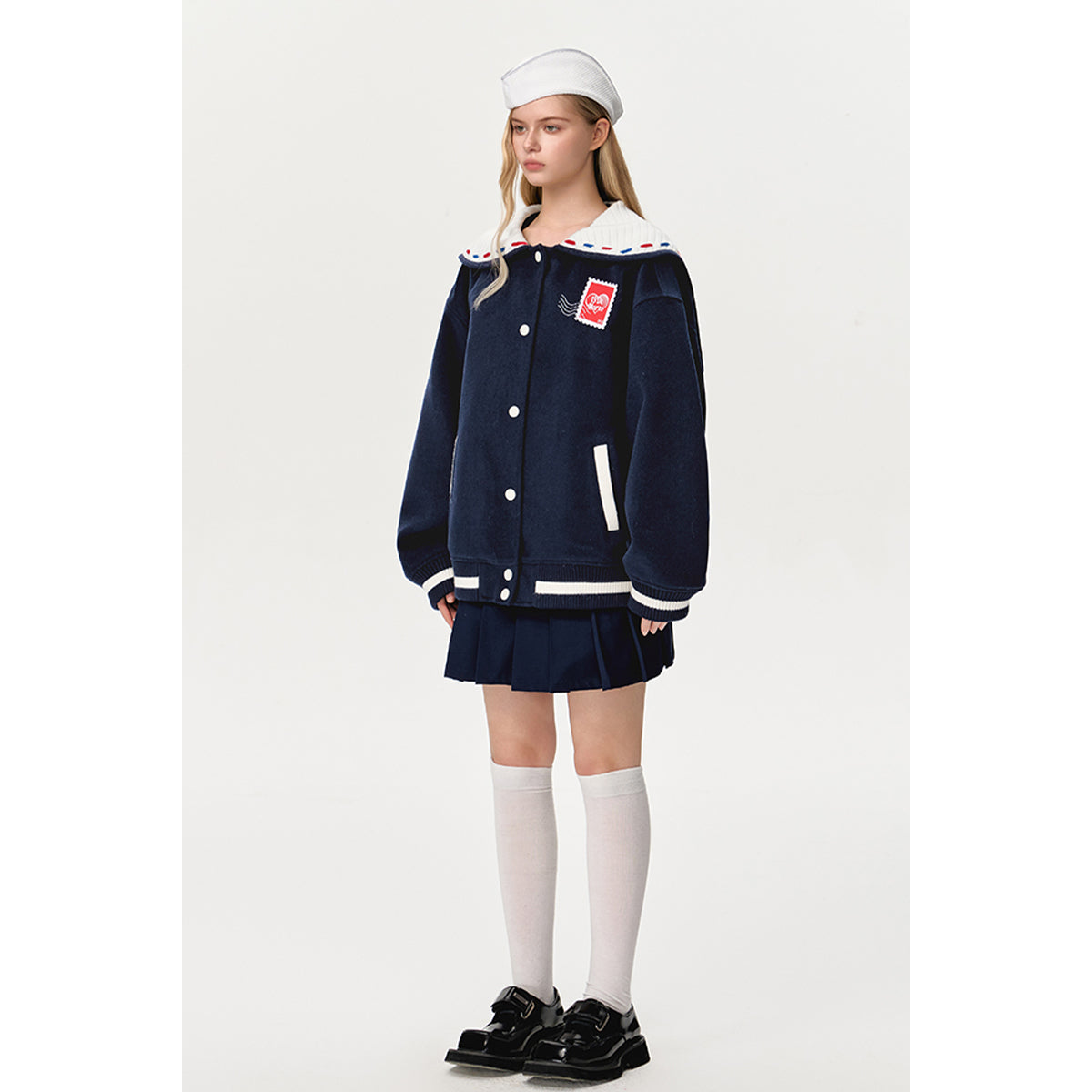 13De Marzo Sailor Collar Love Letter Baseball Jacket Navy Blue