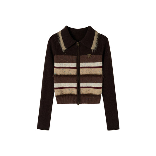 Via Pitti Fluffy Colour Striped Zip Up Woollen Top Brown