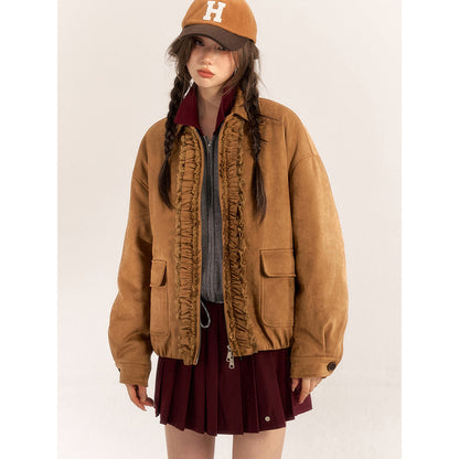 AsGony Lace Stringy Suede Down Jacket Brown