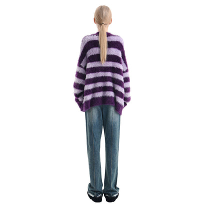 Ann Andelman Color Blocked Striped Woolen Cardigan Purple