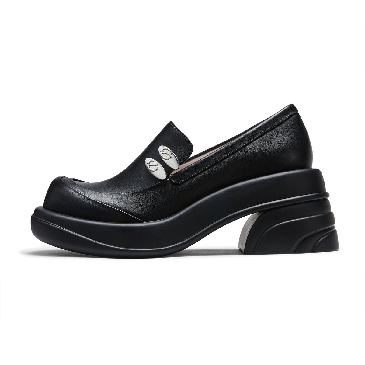 Lost In Echo Round Toe Thick-Soled Heel Leather Shoes Black