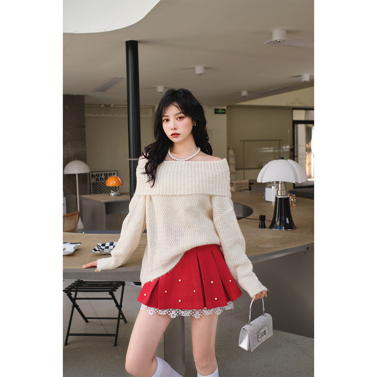 Three Quarters Woolen Off-Shoulder Sweater Cream