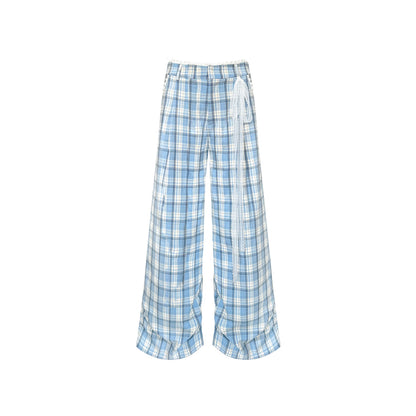 AsGony Lace Edge Plaid Casual Straight-Leg Pants Blue