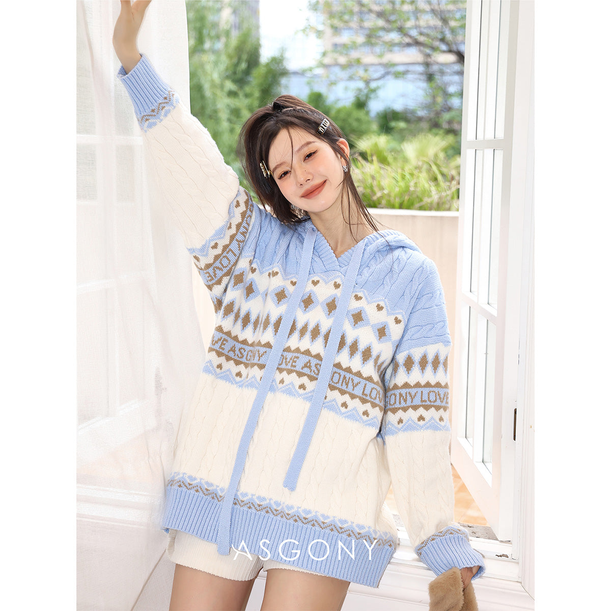 AsGony Fair Isle Oversized Knit Sweater Baby Blue