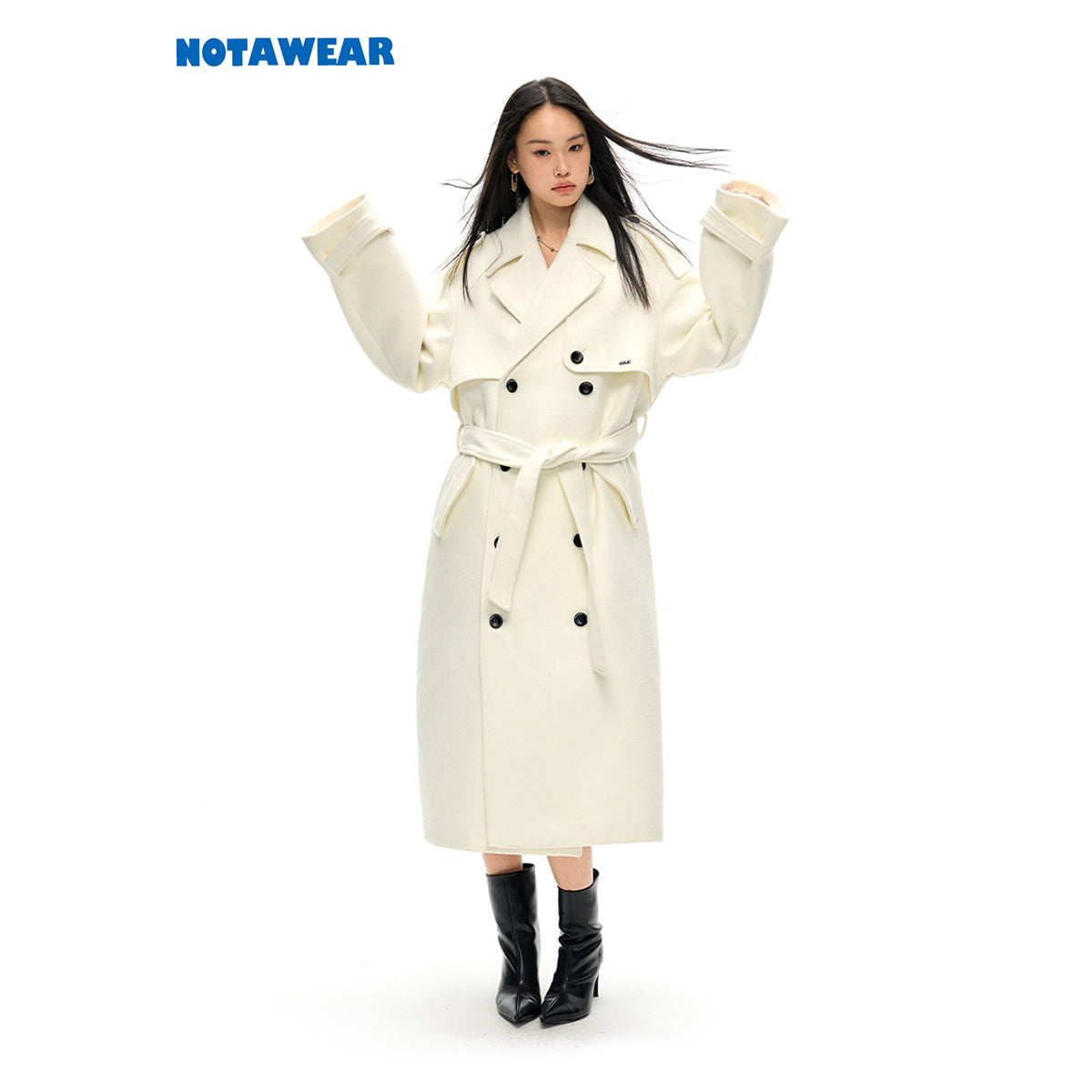 NotAwear Double-Breasted Woolen Long Coat White