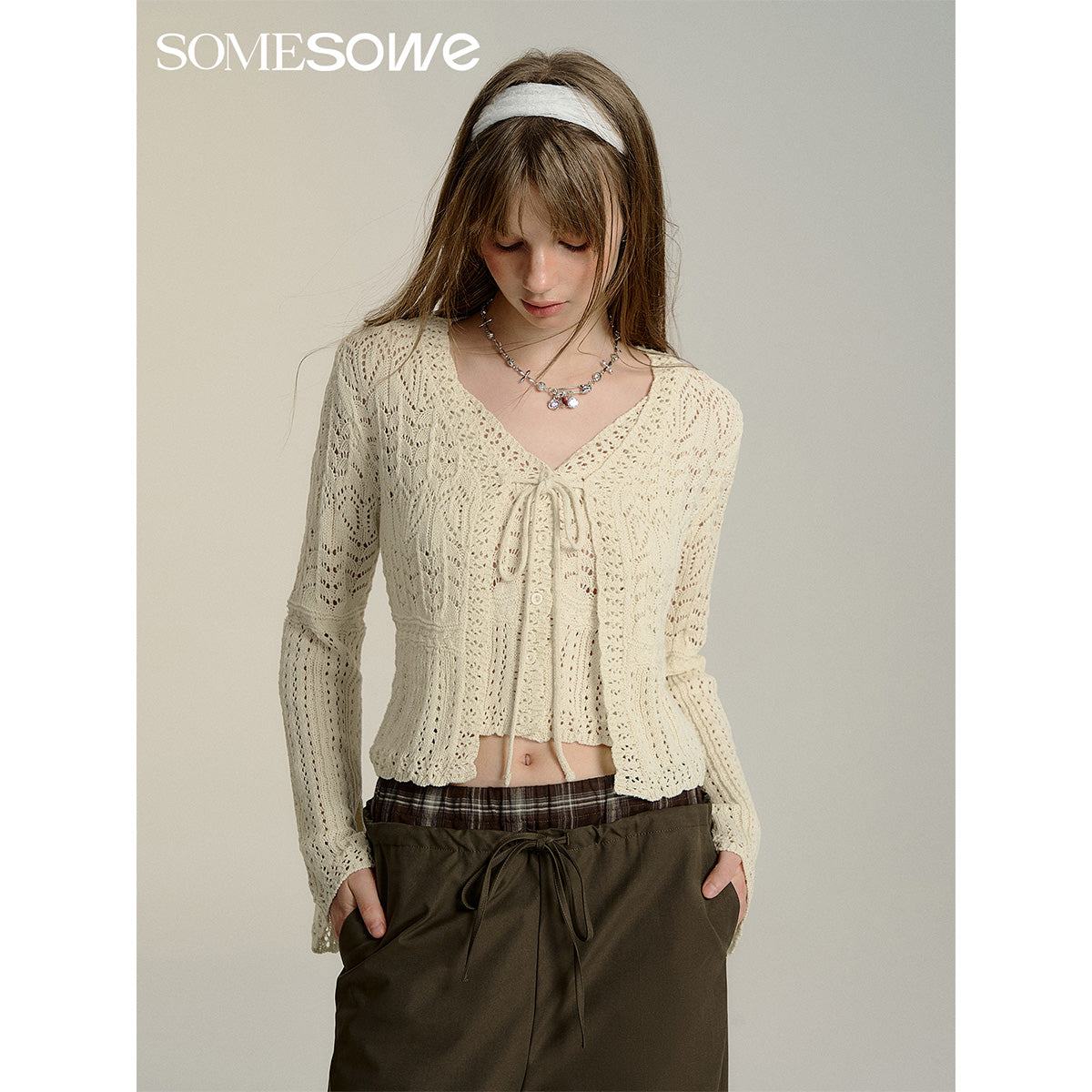 SomeSowe Hollow Out Crochet Knit Cardigan And Slip Vest Set