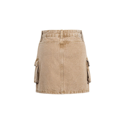 Three Quarters Cargo Pocket Denim Skirt Khaki